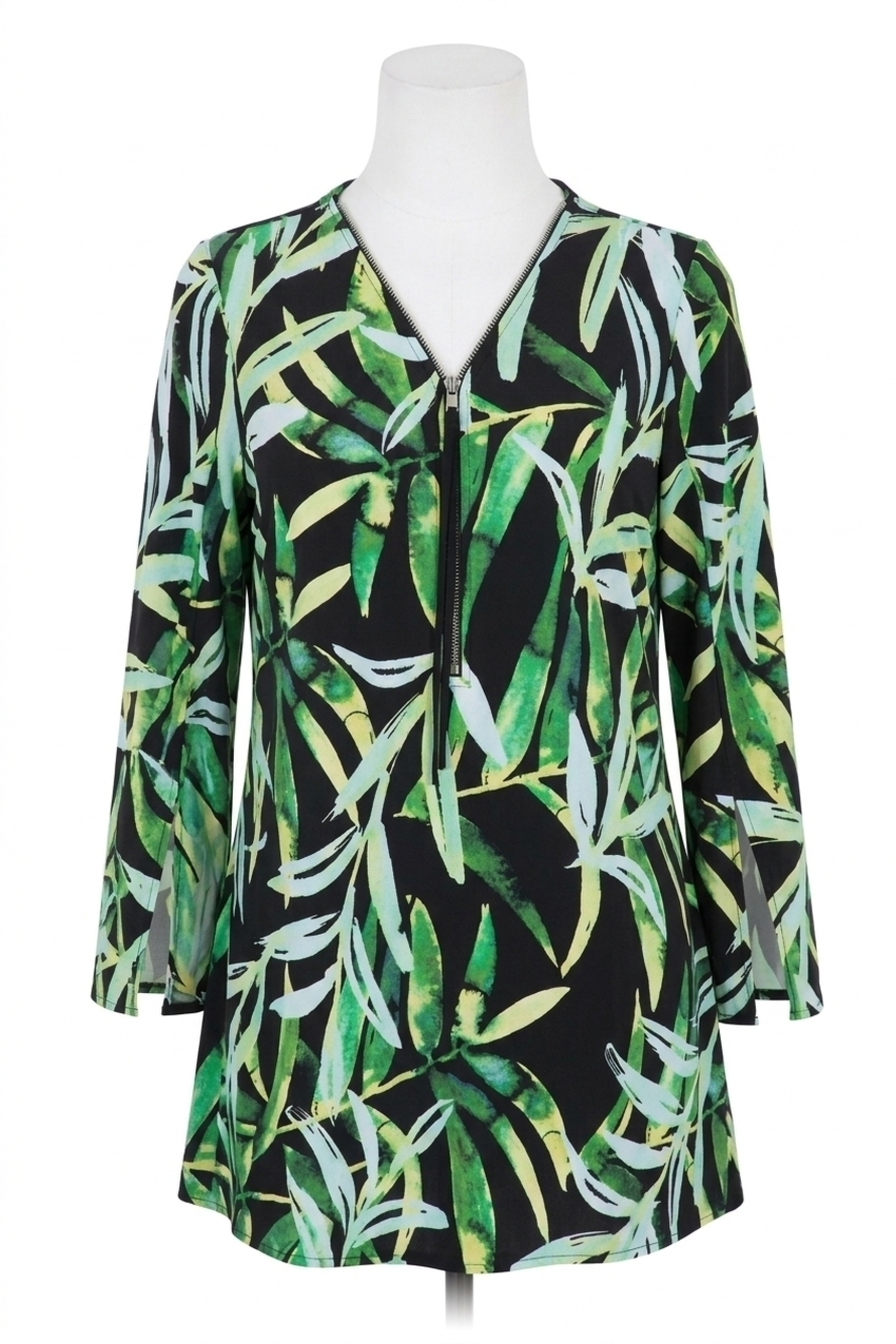NEW JOSEPH RIBKOFF zip front with split sleeve print tunic in green & black